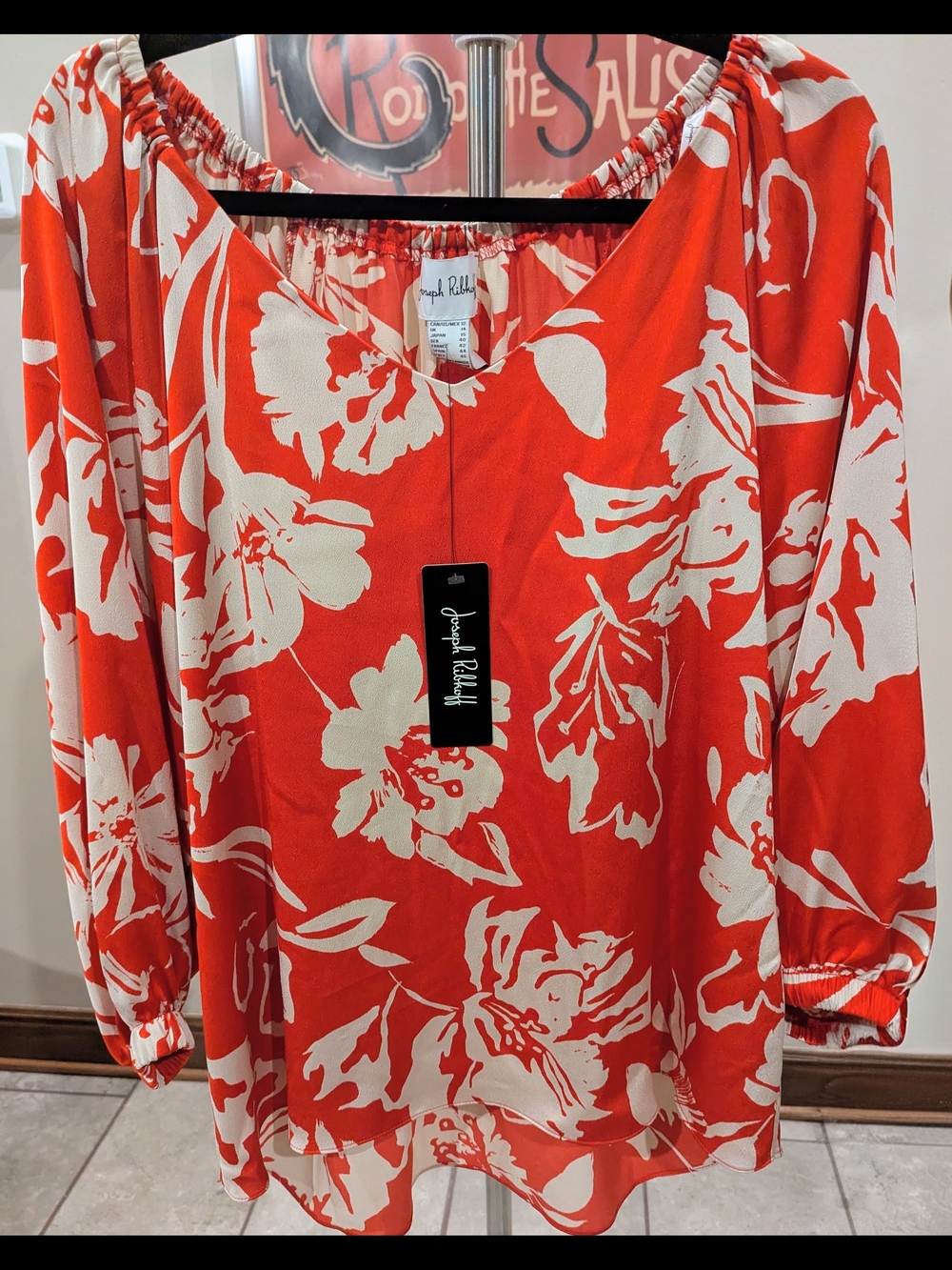 NWT Joseph Ribkoff Red & Cream Floral V-Neck Blouse, Luau Ready! US Size 12  $80